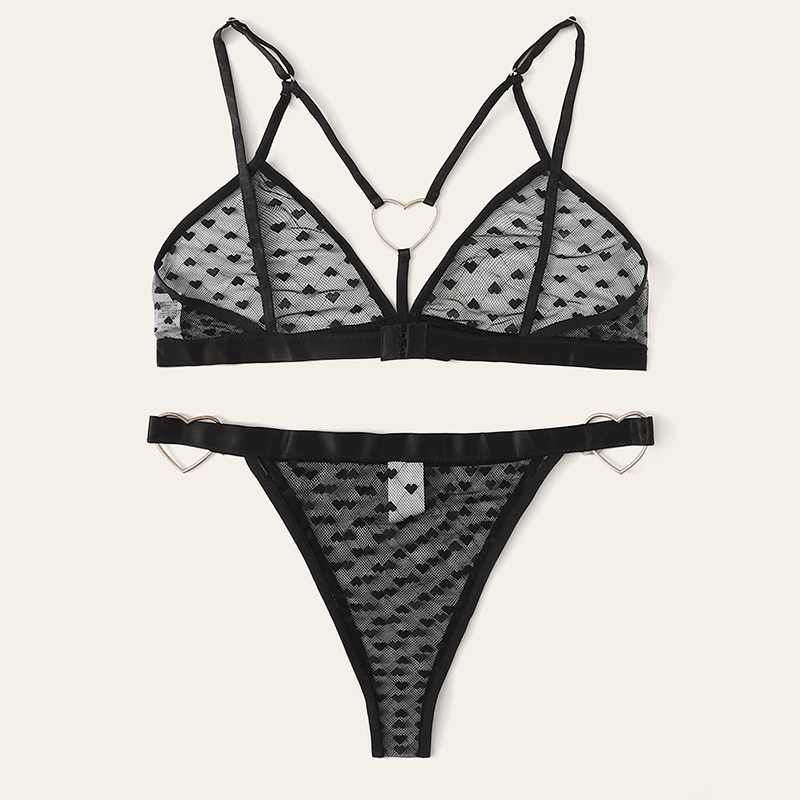 Conjunto de sujetador Sexy, conjunto de lencería con estampado de corazón, lencería erótica unida con anillo, 2 uds., ropa interior de mujer, conjunto de Bralette transparente íntimo de malla