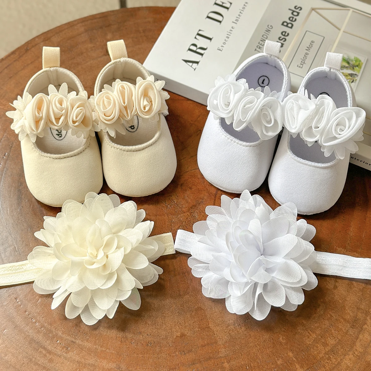2 pçs bebê meninas sapatos planos com decoração de flores princesa berço sapatos primeiro walker sapatos & bandana para recém-nascido infantil