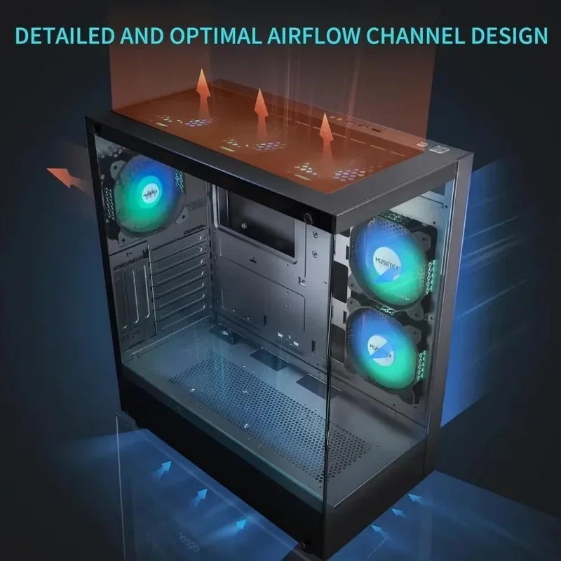 Mid Tower Computer Case, ATX 6 PWM ARGB Fans Pre-Installed, Type-C, Full-View Dual Tempered Glass, Gaming PC Case