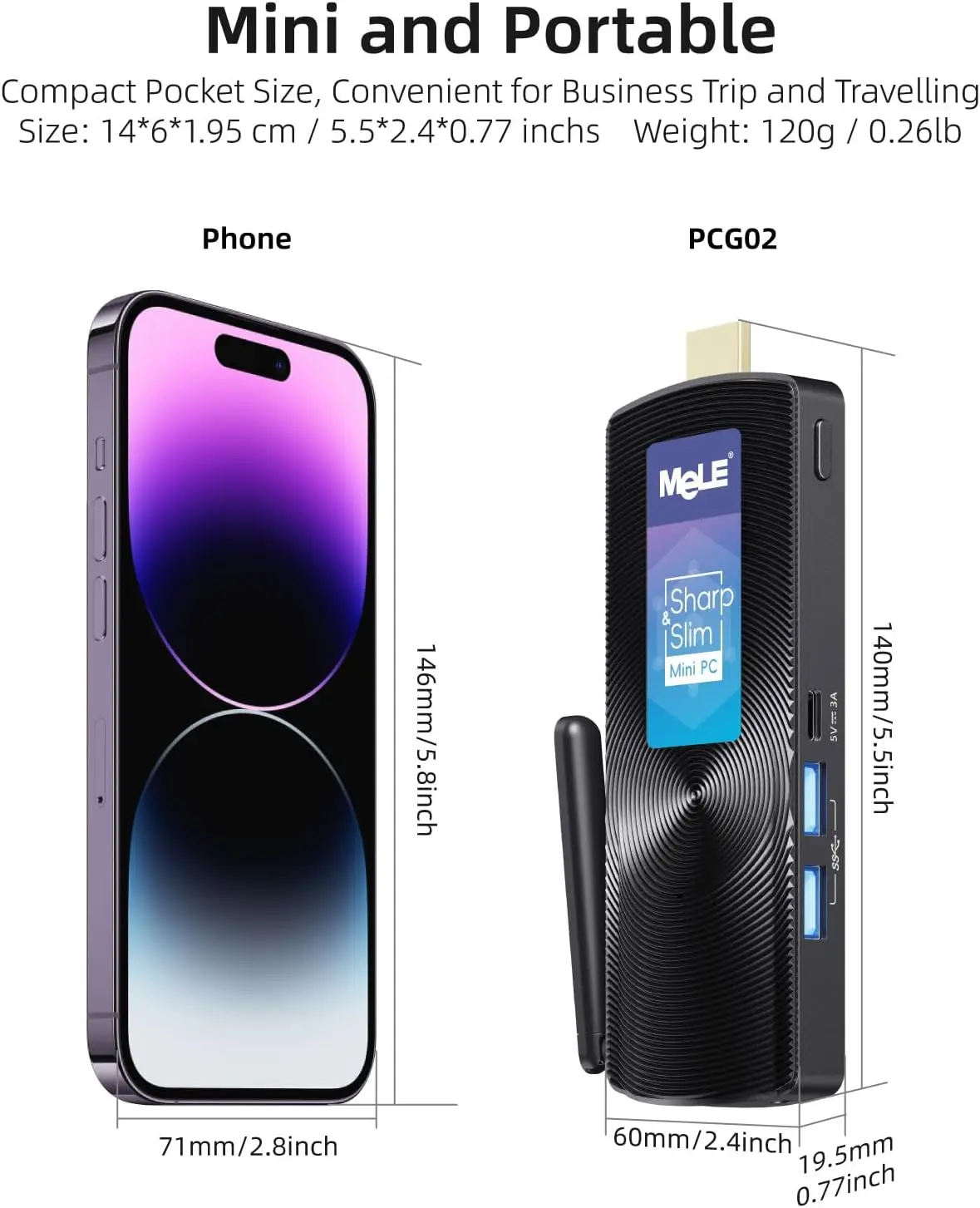 MeLE PCG02 Fanless Mini PC Stick Windows 11 Home J4125 4GB 64GB Mini Computer HDMI 2.4G/5GHz Wi-Fi 5 BT4.2 Gigabit Ethernet