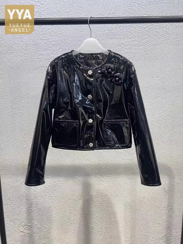 Chaqueta de cuero genuino de diseñador a la moda para mujer, abrigo corto de charol de piel de oveja con un solo pecho para primavera y oficina