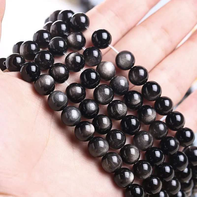 หินธรรมชาติสีทองสีดํา Obsidian ลูกปัด Shinny รอบหลวมอัญมณีลูกปัดสําหรับเครื่องประดับ DIY สร้อยข้อมือสร้อยคออุปกรณ์เสริม 15"
