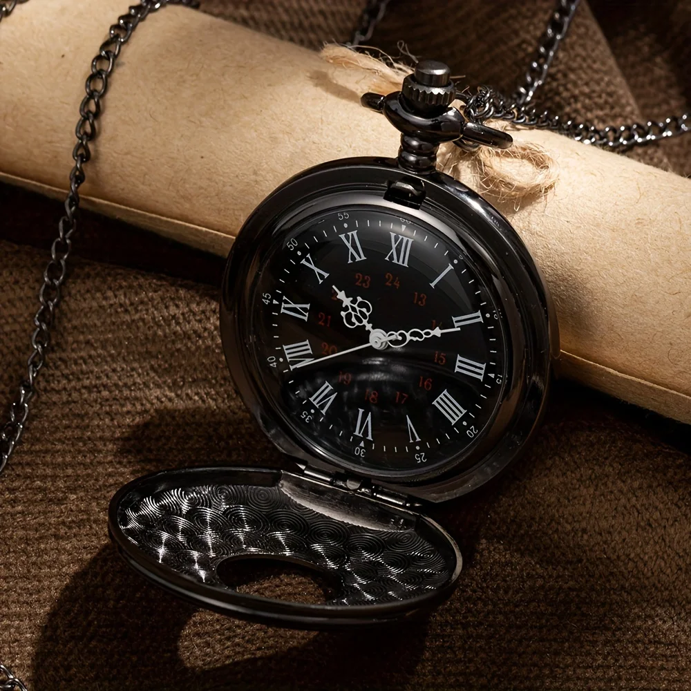 Orologio da tasca con display in scala romana in bronzo nero, Relogio al quarzo, squisito orologio da tasca vintage con orologio da regalo a catena con collana