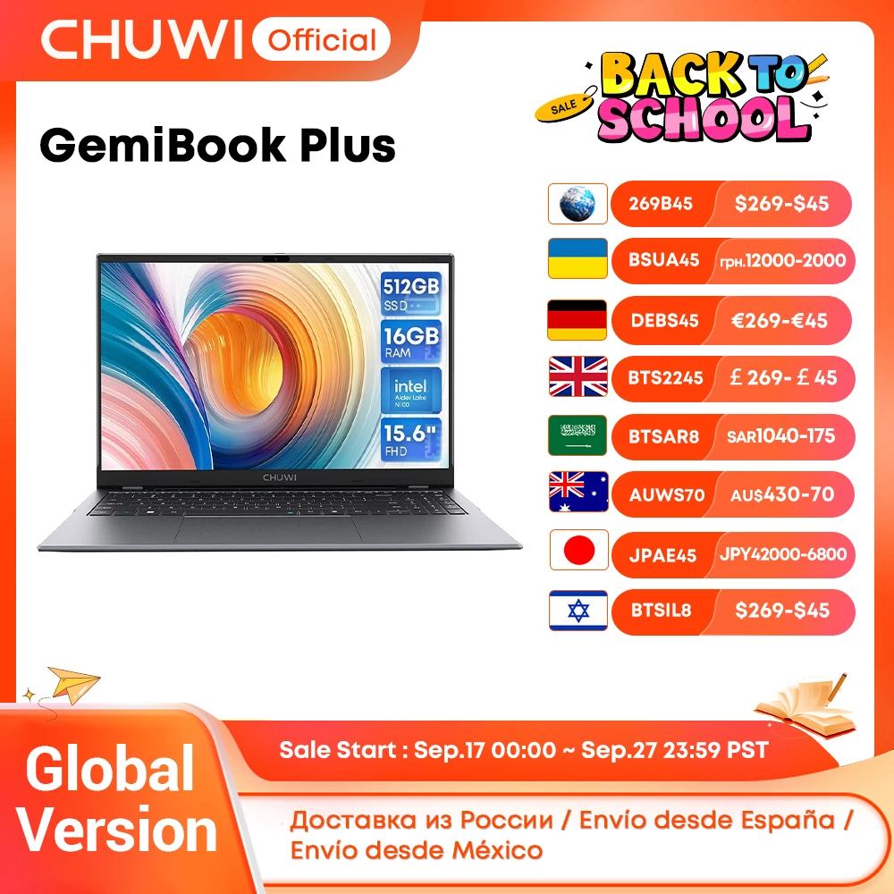CHUWI GemiBook Plus 15,6'' Laptop 16GB RAM 512GB SSD Komputer Windows 11 Laptop 12. generacji Intel Alder Lake N150 / N100