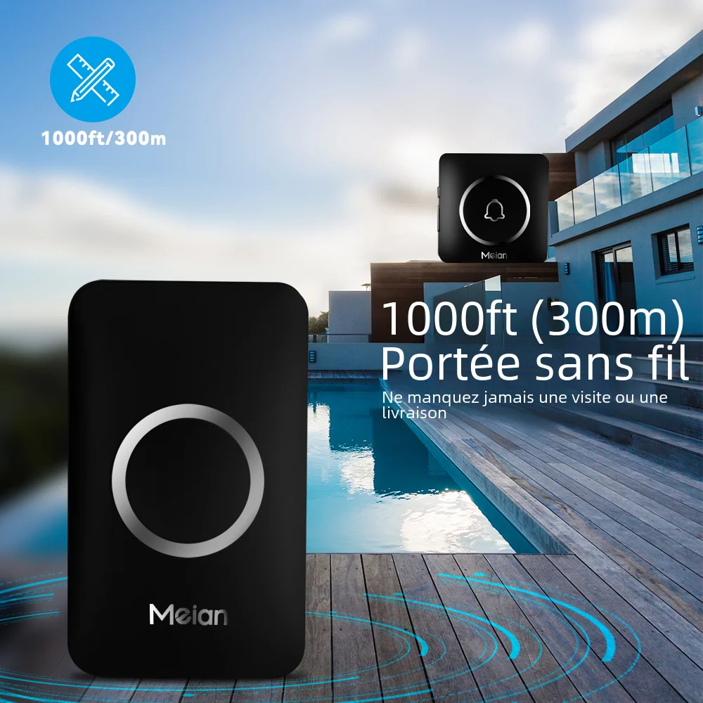 Meian-sonnette sans fil extérieure, sonnette de bienvenue pour maison intelligente, sonnette de porte étanche IP65, Kit de carillon, sonnerie 60, alarme Flash LED