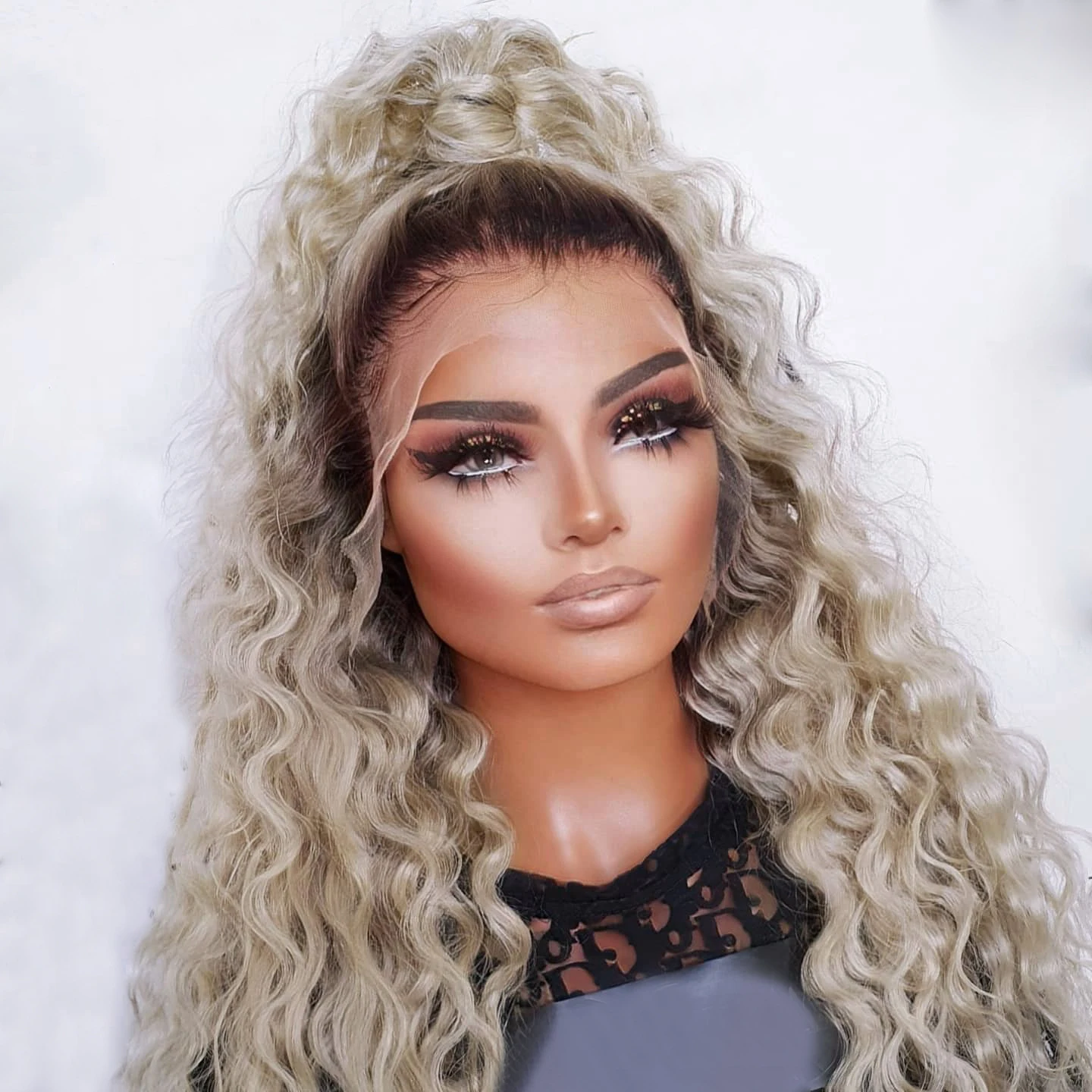 Pelucas frontales de encaje carisma ombré, pelo sintético para mujer, fibra resistente al calor, raíces marrones, pelucas sintéticas, peluca rizada larga