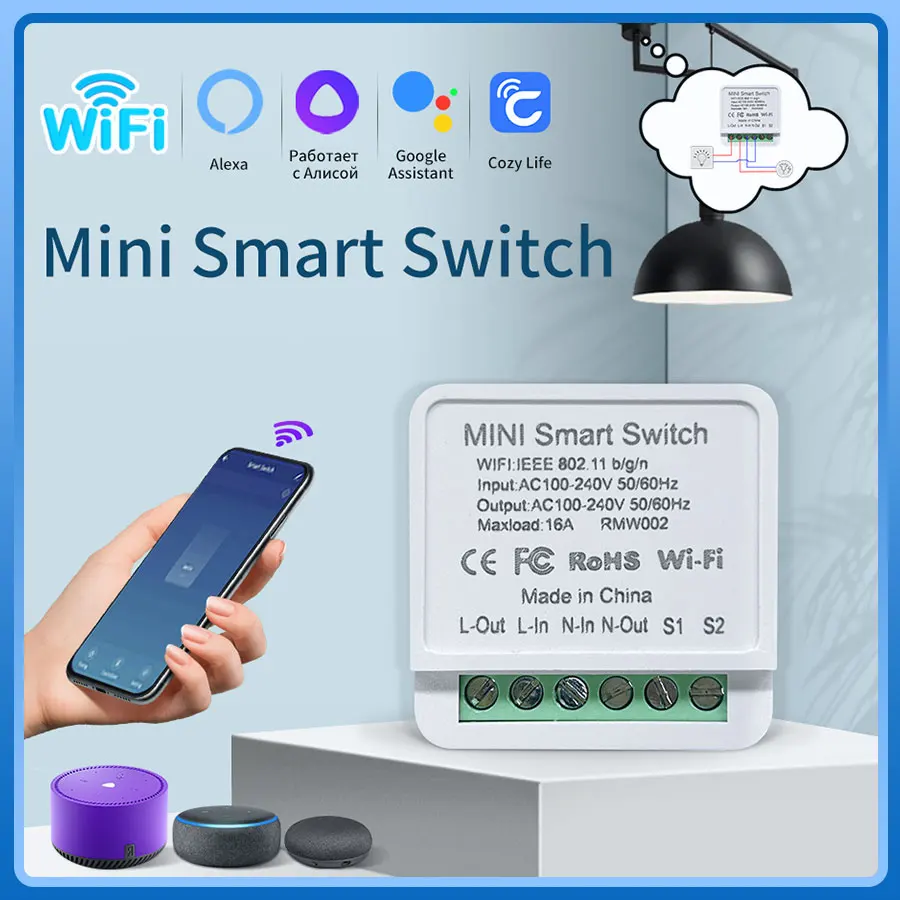 Mini WiFi Smart Switch Cozylife APP Afstandsbediening 16A 20A Automatiseringsmodule Ondersteuning 2-wegbediening Werkt met Alexa Google Home