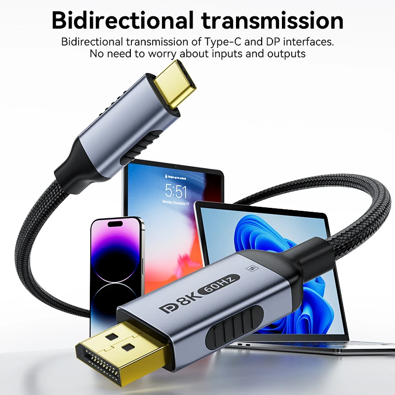 Cable tipo C a DisplayPort 2.1 8K@60Hz 4K@144Hz DP bidireccional a USB-C para Thunderbolt 4/3 para MacBook Huawei Air Projector