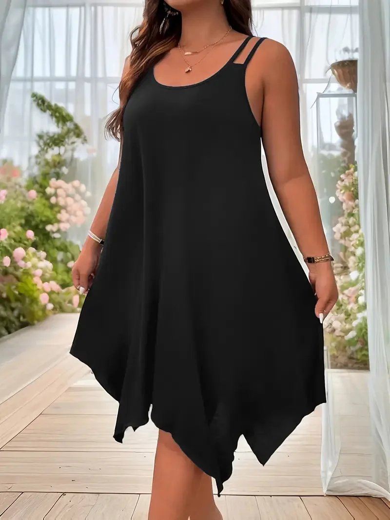 Plus Size Damen-T-Shirt, einfarbig, mit Trägern, asymmetrischem Saum, Midikleid, ärmellos, lässig, locker, Sommerurlaub, Sommerkleid, XL-5XL