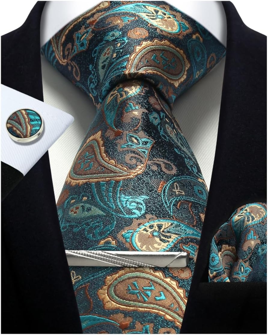 Herren-Krawatten-Set, Seide, Silber, Paisley-Blumenkrawatte und Einstecktuch, Manschettenknöpfe, Krawattenklammer, klassische formelle Krawatten für Männer, Hochzeit, Party