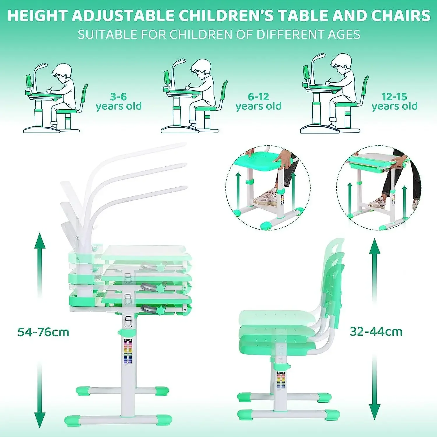Scrivania per bambini, tavolo ergonomico e set scongelatore, con cassetto, supporto da lettura, lampada LED dimmerabile, regolabile in altezza