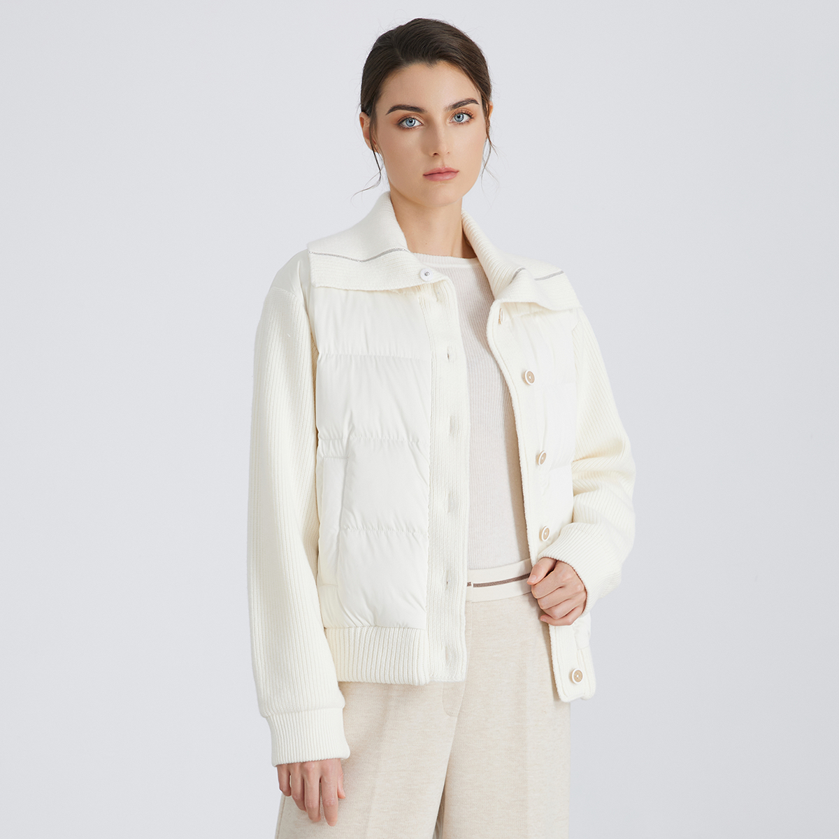 BC930 高級ブランドコートの高品質の女性用ウール100％とホワイトグースダウンのスプライスダウンジャケット