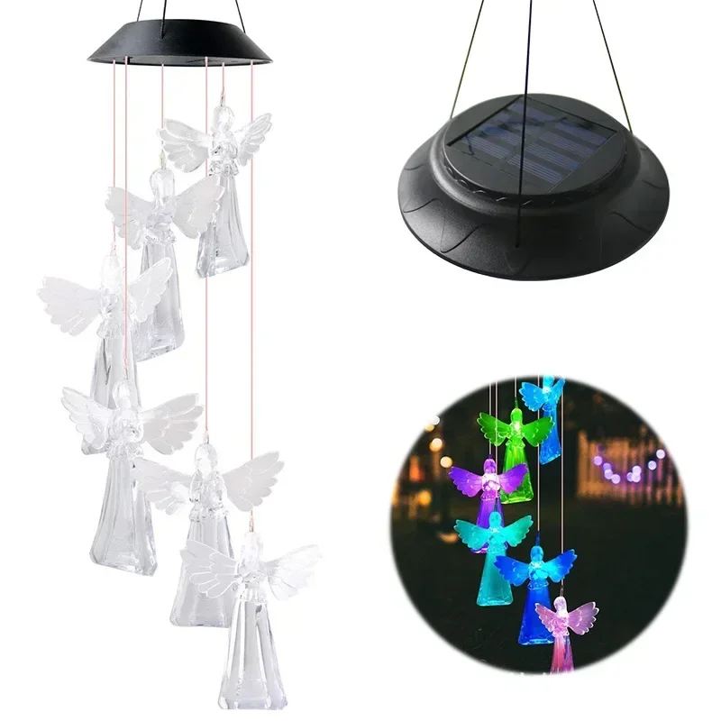 Solar Powered Wind Chime Light Angels Color Changing Night Light Outdoor/Indoor Garden Yard Patio Decor Hanging Lamp