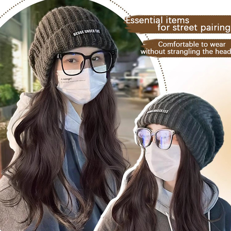 Sombrero de punto de pelo largo y rizado, peluca sintética de una pieza, cabello largo, cubierta de cabeza completa, fácil de usar, adecuado para cualquier ocasión