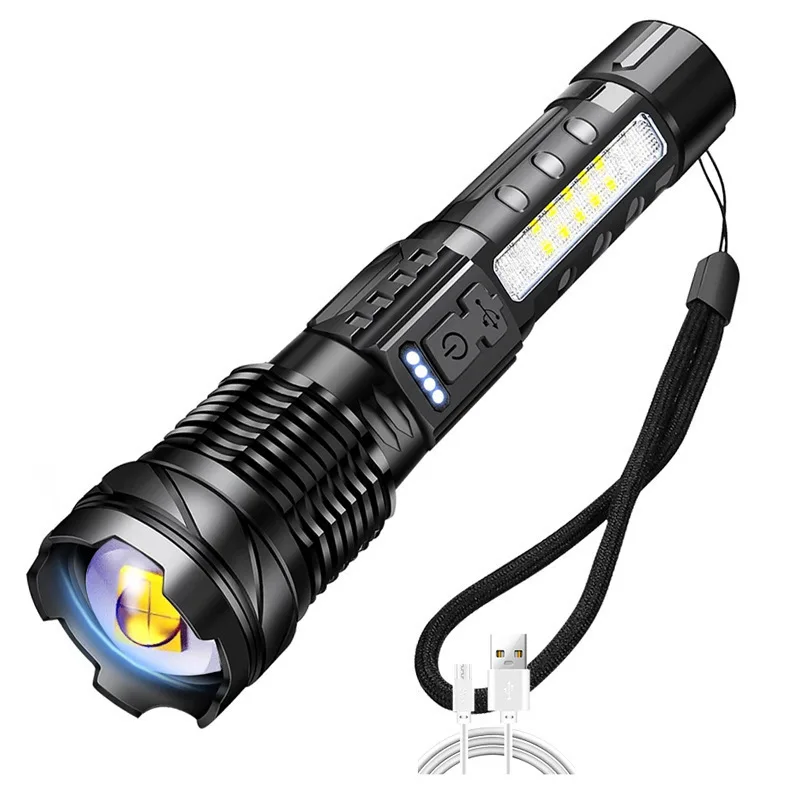 Linterna táctica con zoom XHP50 20000LM, recargable por USB, luz lateral COB, aleación de aluminio, resistente al agua, bisel de golpe