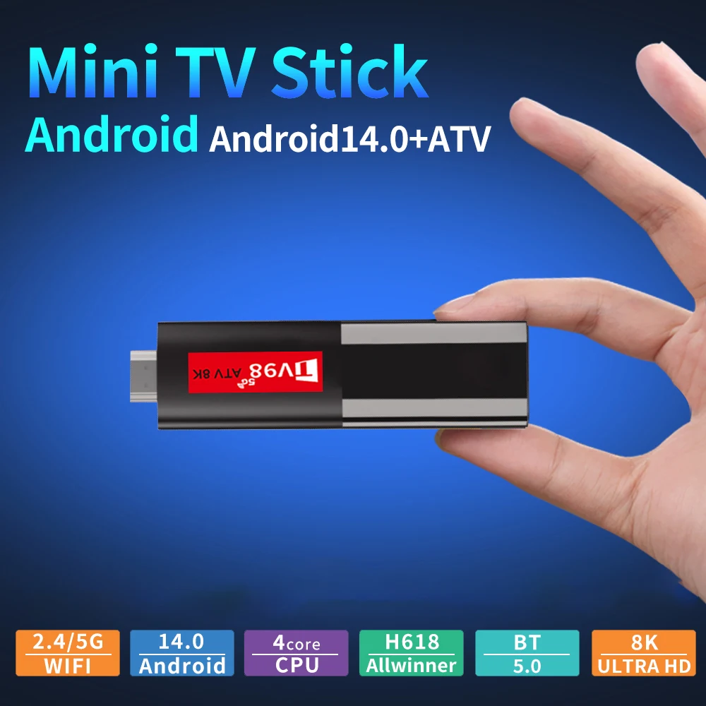 Android 14 tv stick tv98 atv 8k mini suporte 8k 4k vídeo bt5.0 4g 5g duplo wifi 6 controle remoto de voz h618 quad core a53 smart tv stick