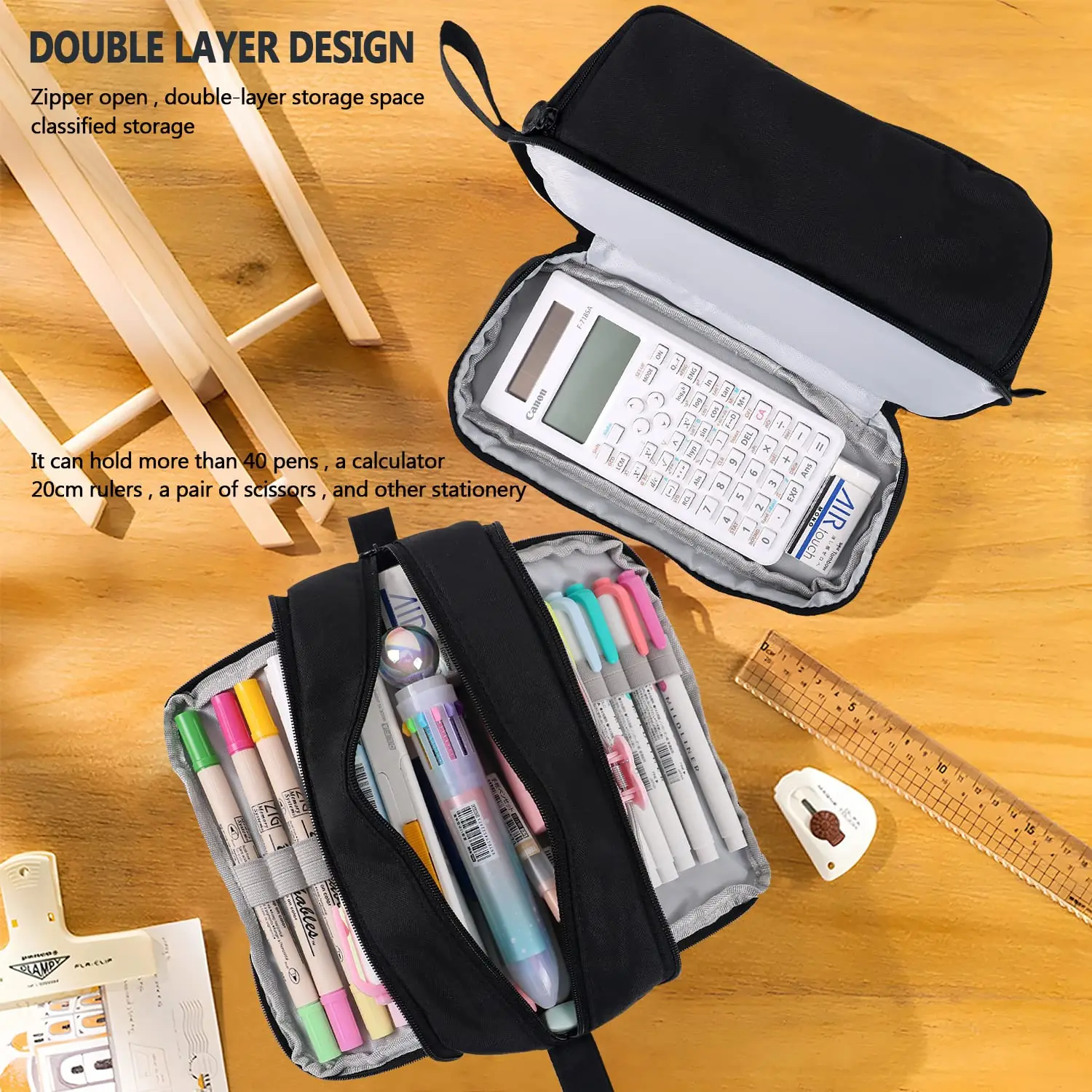 Astuccio per cancelleria di grande capacità, astuccio resistente in tessuto oxford, organizer portatile per forniture scolastiche, per ufficio e universitarie