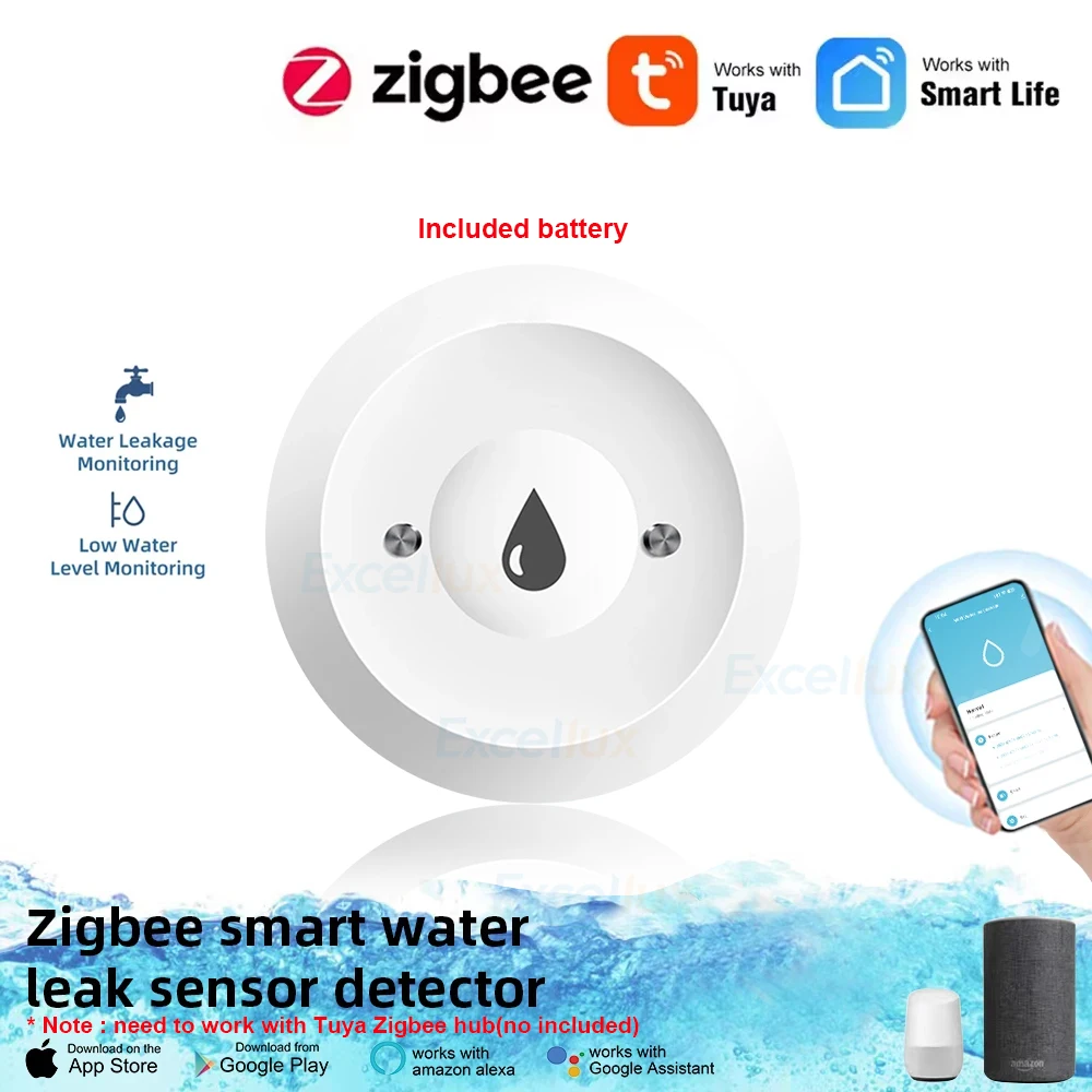 Tuya zigbee inteligente sensor de água detector vazamento inundação vazamento de água alarme segurança controle vida inteligente funciona com zigbee gateway z2m