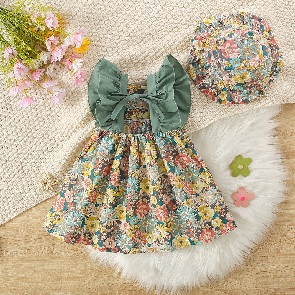 Baby Girl Dress Summer Cotton Floral Girls Dress Cute Little Fly Sleeve Baby Dresses Baby Clothes Girl with Hat