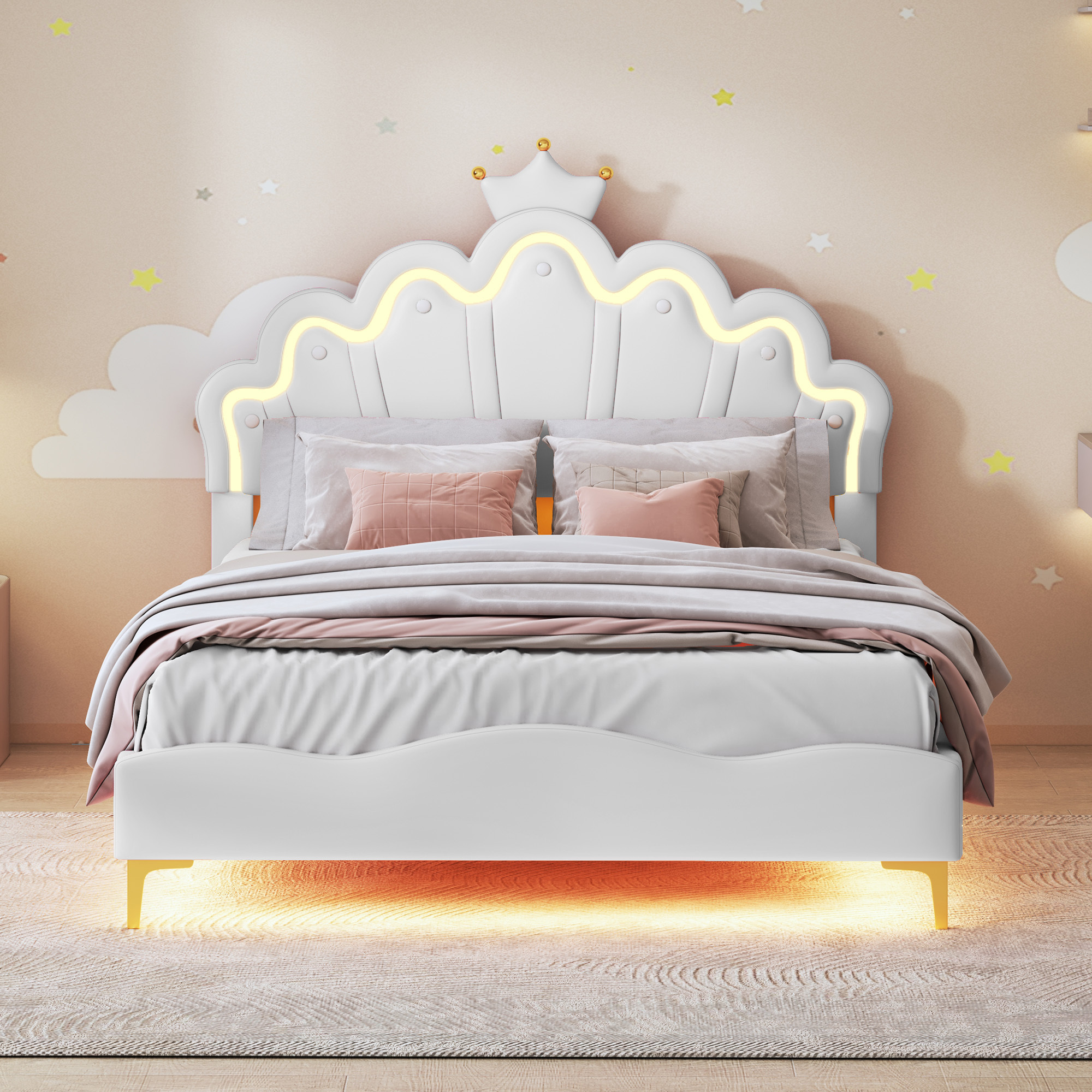 Flaches Doppelbett, kronenförmiges Prinzessinnenbett, Polsterung aus weichem PU-Leder, verstellbarer LED-Umgebungslichtstreifen, 140 x 200 cm, Weiß