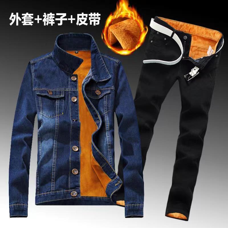 Winter Männer Fleece Futter Dicke Warme Denim Zwei Stück Set Slim Fit Cowbody Jacke Jeans Anzug Cargo Sets