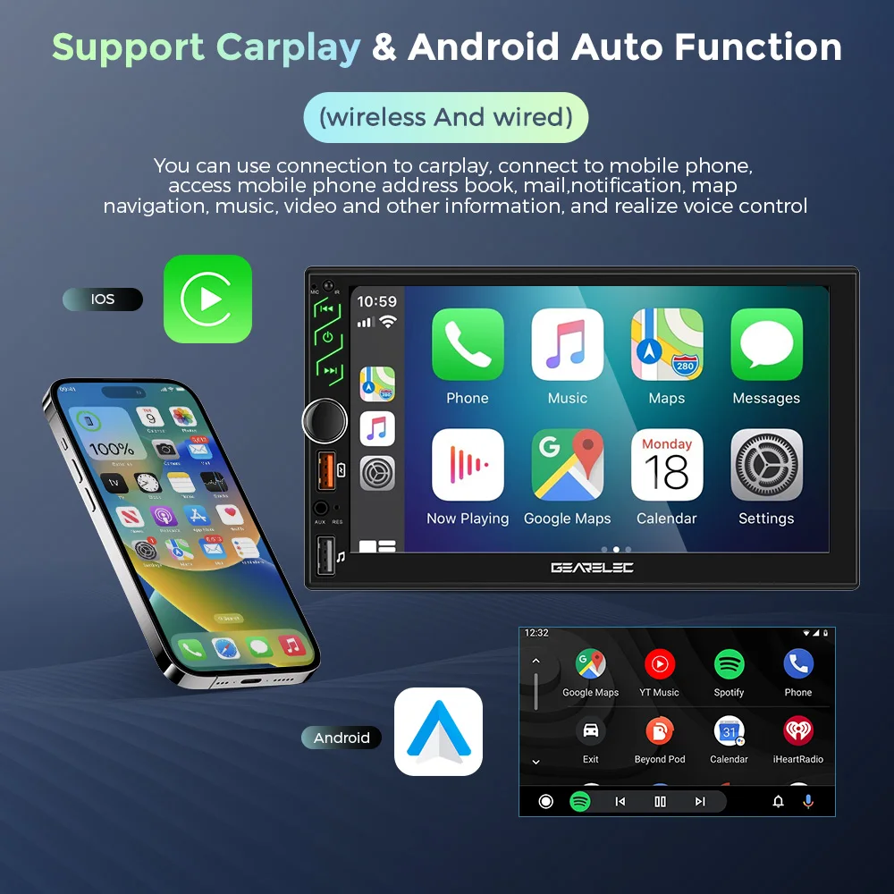 7-Zoll-Autoradio 2 Din Android 13 Carplay Android Auto Universal Auto Multimedia Player Autoradio HD Touchscreen FM Bluetooth