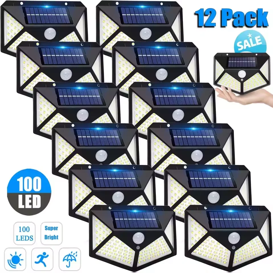 100 led luzes de parede solares ao ar livre pir sensor movimento lâmpada à prova dwaterproof água solar luz rua para decoração caminho jardim