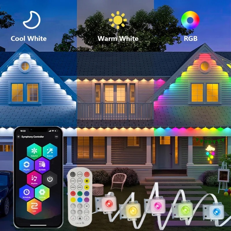 Smart RGBIC Eaves Lights Permanent Outdoor Lights Outdoor Christmas LED Light Strings with APP Remote Control IP67 Waterproof