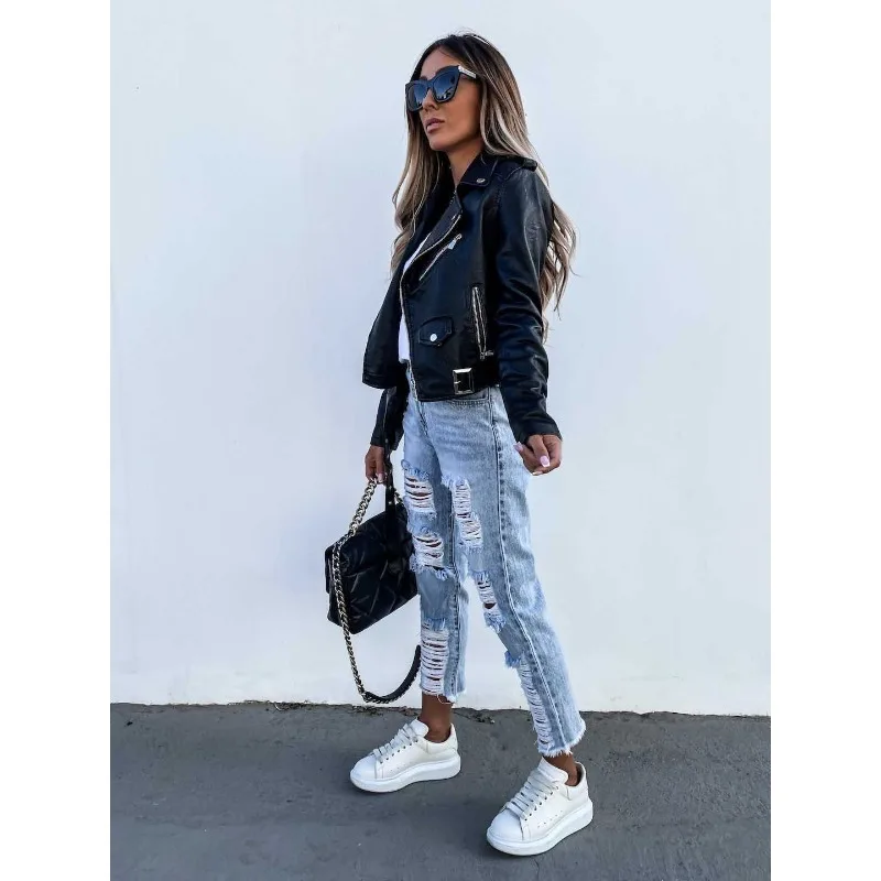 Mandylandy เสื้อแจ็คเก็ตหนัง PU สำหรับผู้หญิง, เสื้อโค้ทตัวนอกซิปเสื้อแขนยาวเสื้อโค้ทสั้นสำหรับใส่ขี่มอเตอร์ไซค์