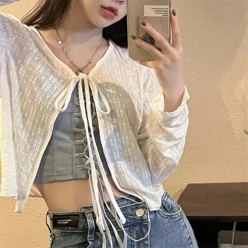 Weiß Tie Up Sommer Strickjacke Frauen Sexy Langarm Sheer Mesh Crop Tops Frau Chic Alle Spiel Kurze Gedruckt T Shirt Mujer