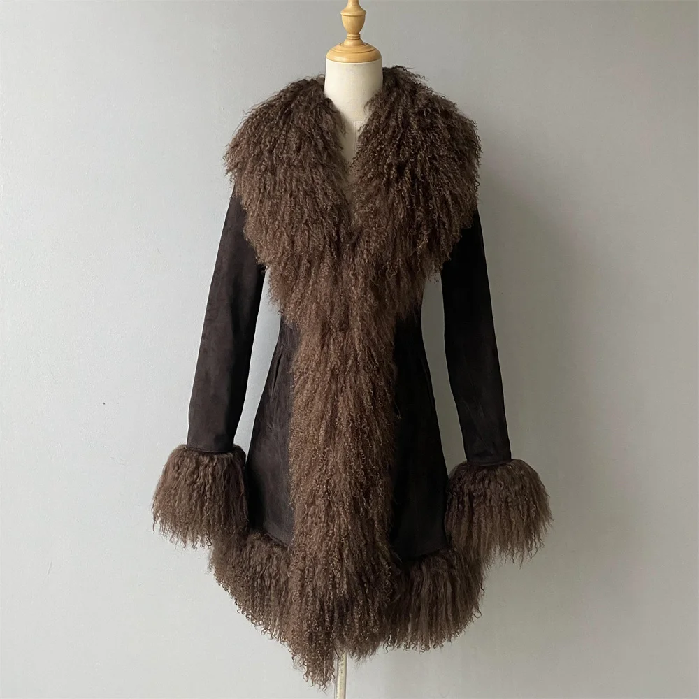 Jaxmonoy manteau en daim véritable avec fourrure de mouton mongole naturelle pour les femmes 2025 automne hiver veste en cuir chaud mode mince longs manteaux
