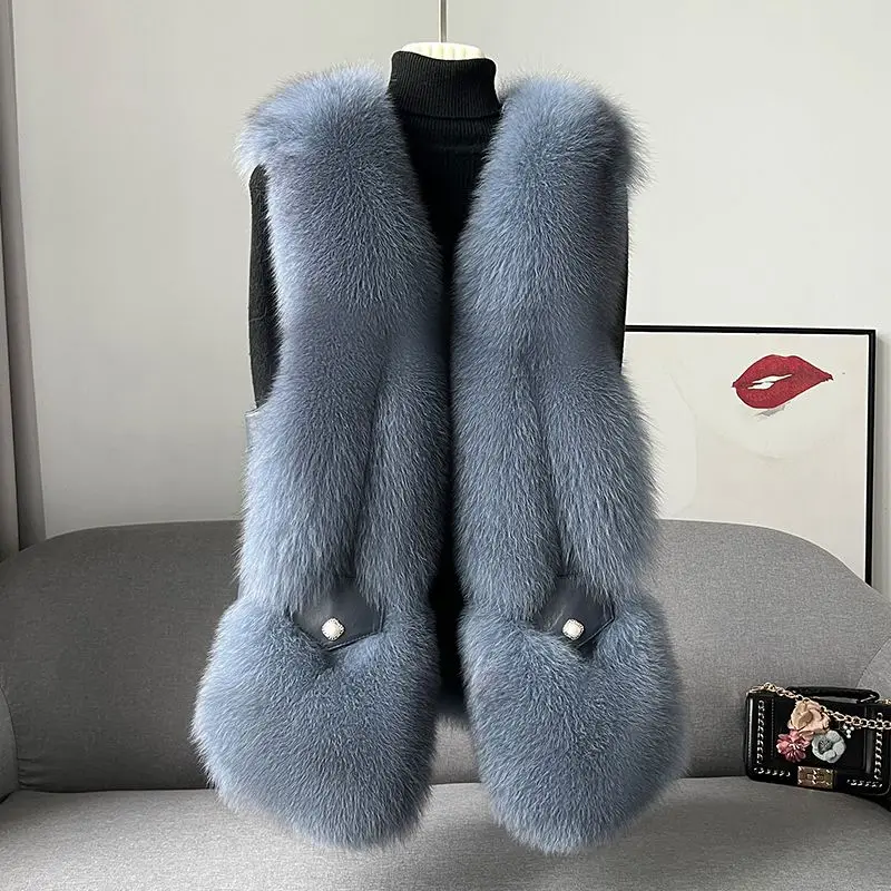 2023 neue Fuchs pelz Gras weste Damen mittellanges Leder und Fell einteiliger echter Woll-Tanktop