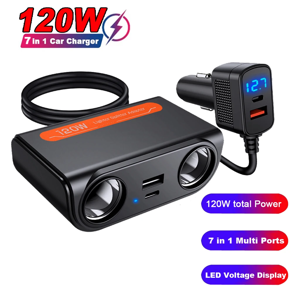 7-in-1-Autoladegerät-Adapter PD USB-Buchse Zigarettenanzünder Splitter Schnellladung mit LED-Voltmeter DC-Steckdose Autozubehör