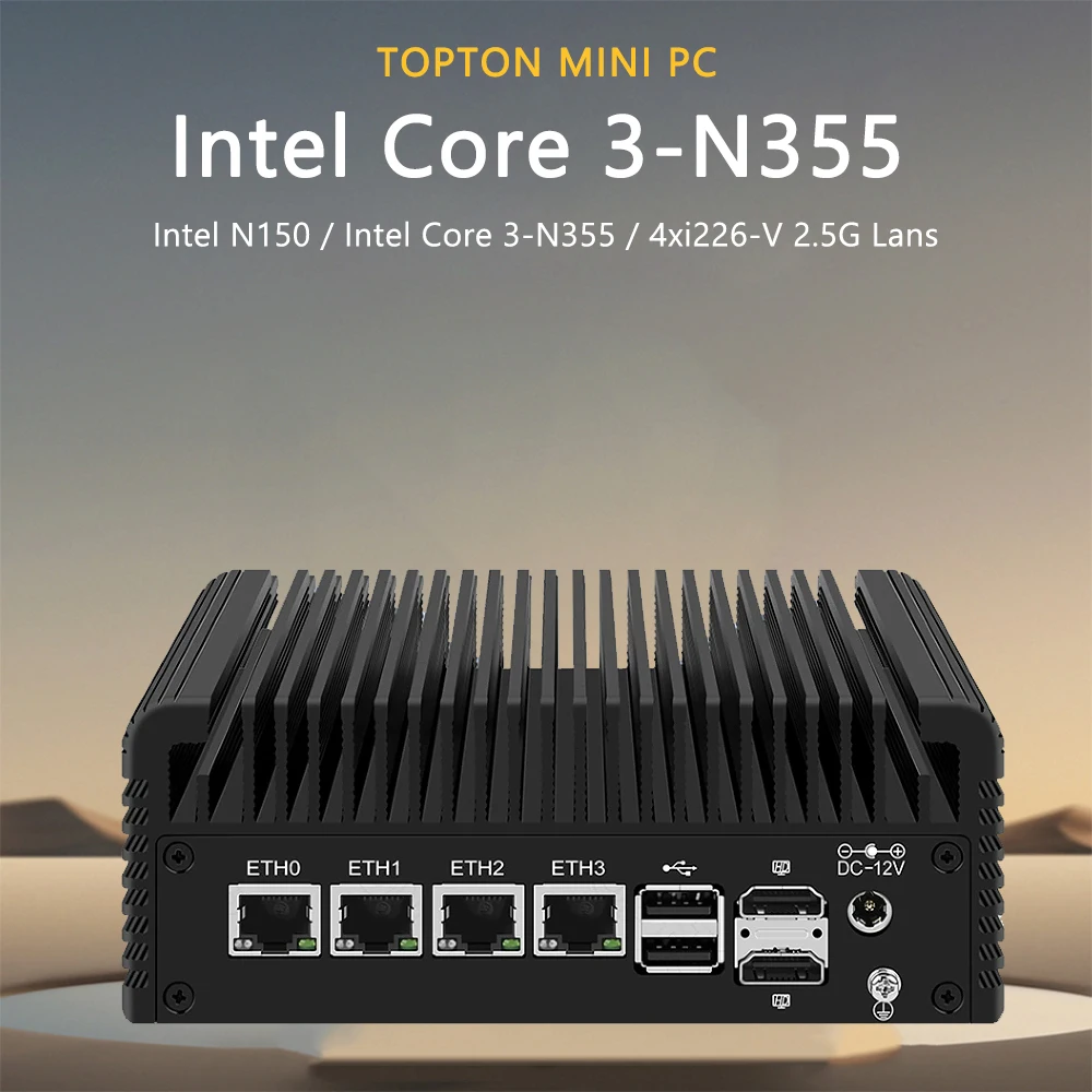 Topton Nieuwe Solid Firewall PC Computer Intel Core i3 N355 N150 4xi226-V 2.5G DDR5 Type-C 2*NVMe 2*SATA Fanless Mini PC PVE Server