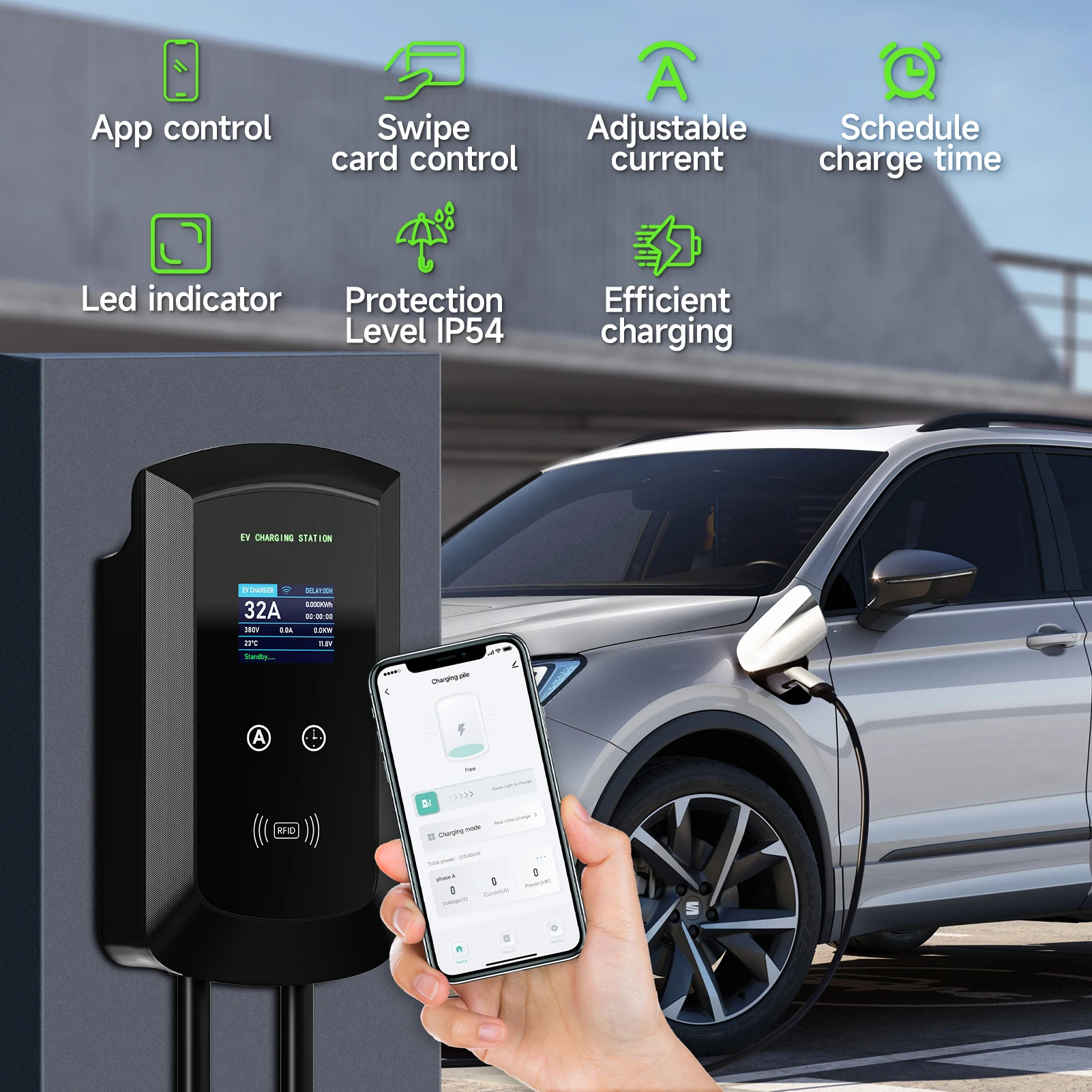 AFYEEV 32A EV 充電ステーション 22KW 3 相電気自動車車の充電器 11KW Type2 IEC62196-2 EVSE ウォールボックス APP 制御 5 メートルケーブル