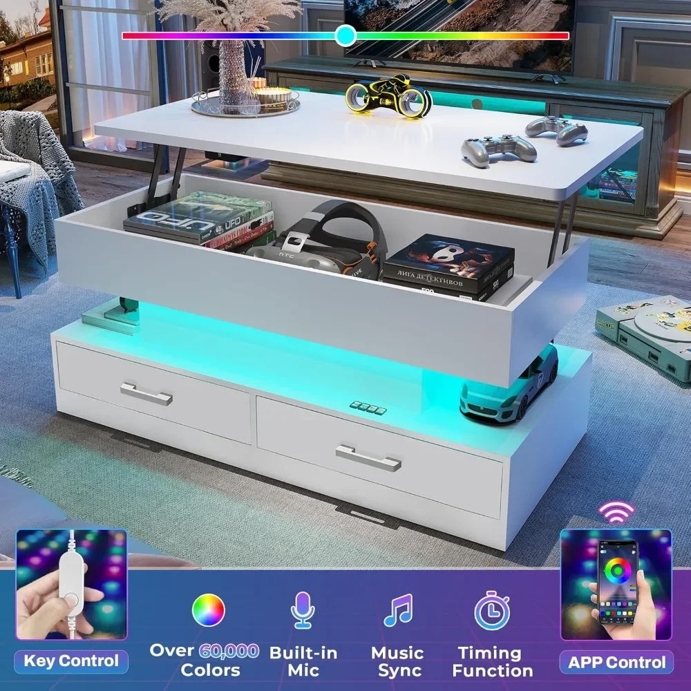 Anpassbarer Couchtisch mit Hubplatte, Couchtische mit Stauraum für Wohnzimmer, kleiner Couchtisch mit 2 Stoffschubladen und LED-L