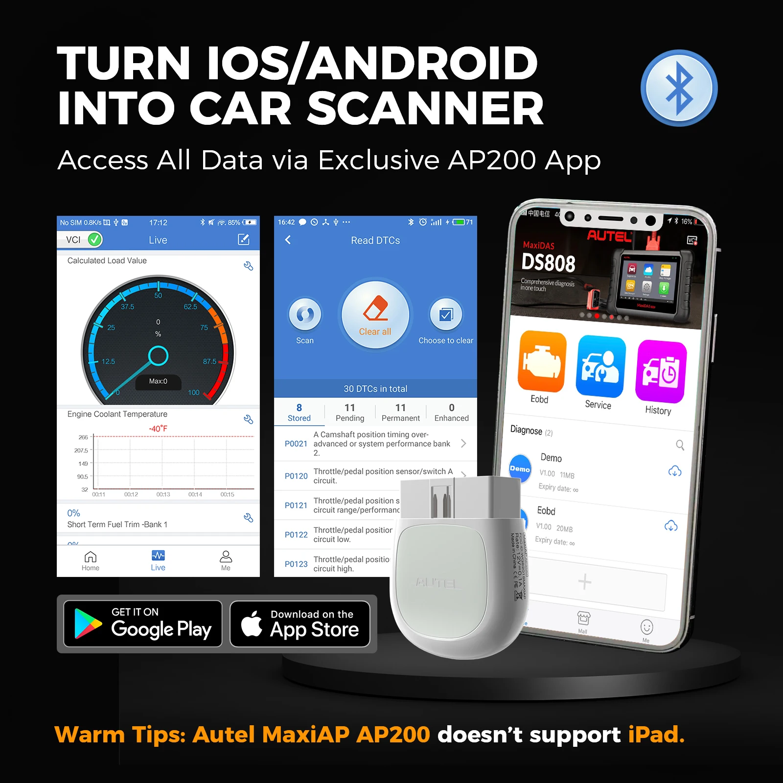 Ferramenta de diagnóstico de sistemas completos Bluetooth Autel MaxiAP AP200 com serviço AutoVIN para faça você mesmo em família