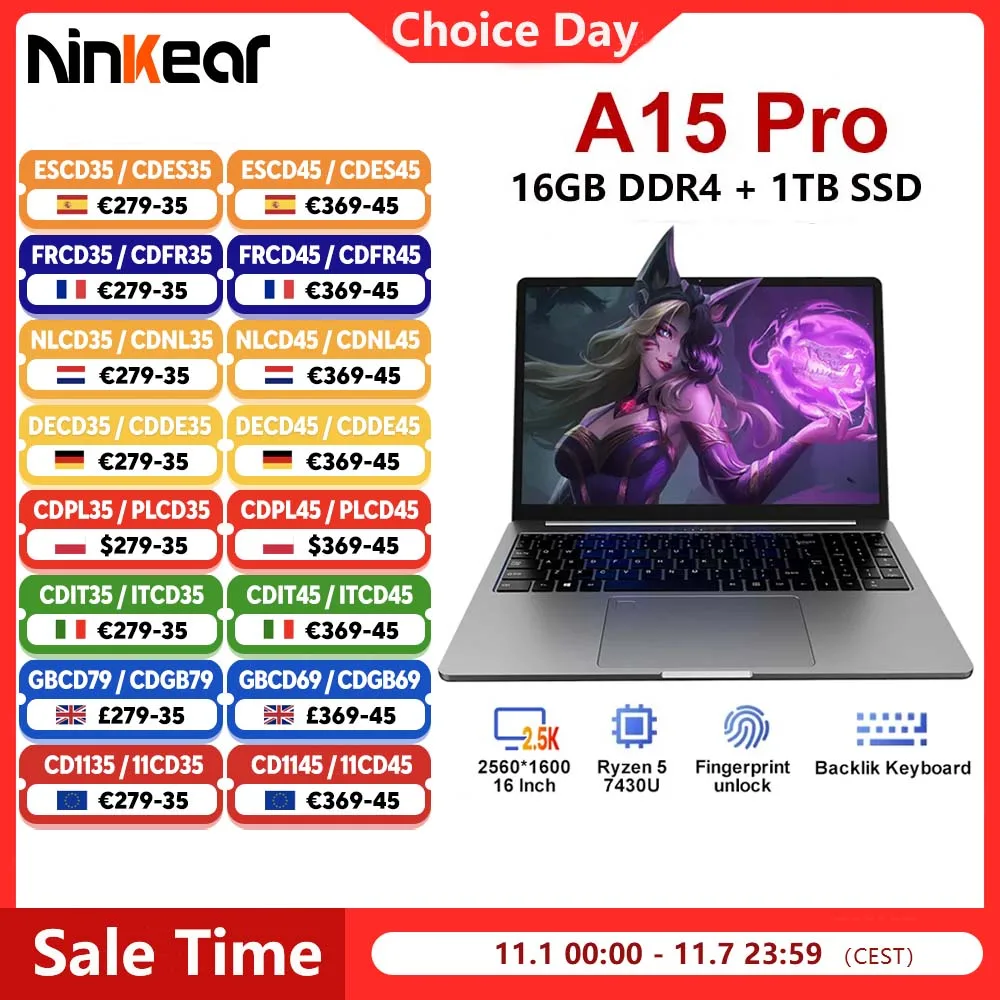 Ninkear A15 Pro Laptop 16GB 1TB AMD Ryzen 5 7430U 16 pollici 120Hz 2560*1600 Display Screen Impronte Digitali Sblocco Notebook Computer
