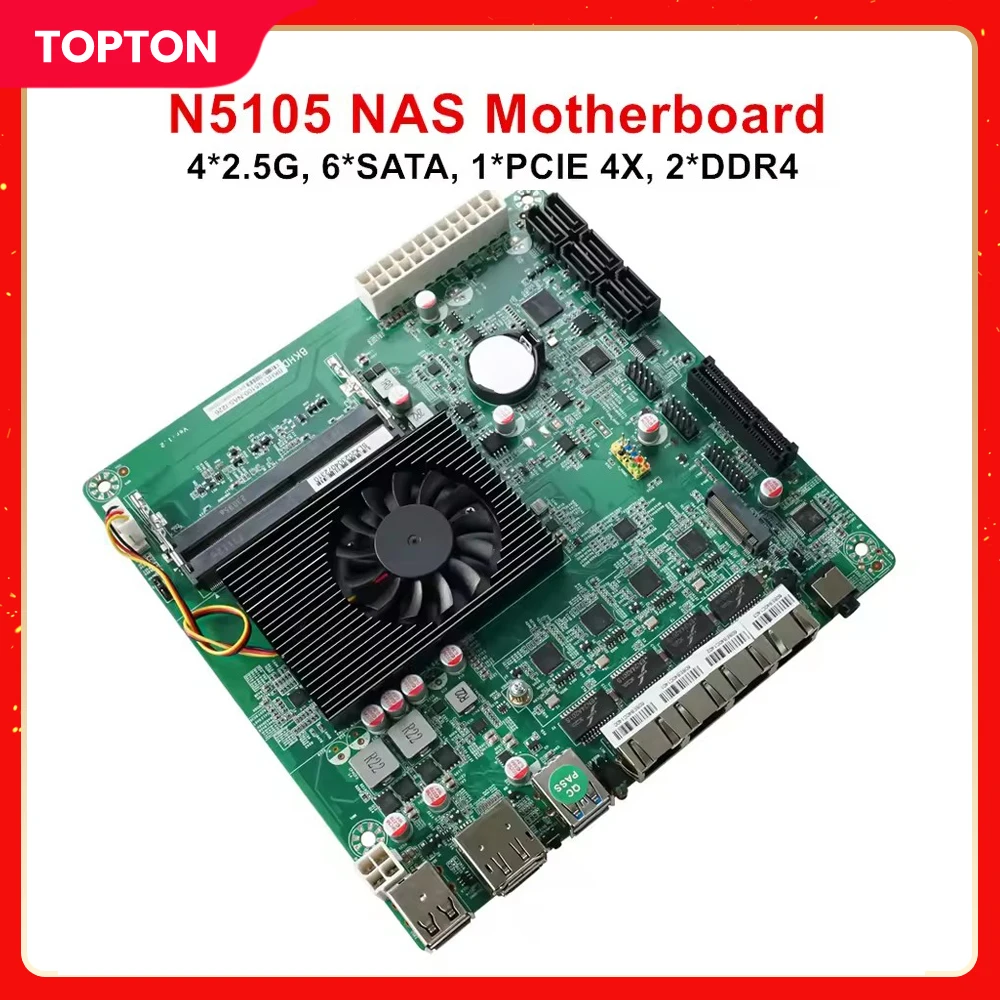 Płyta główna Topton N5105 NAS MOBO Mini ITX Industrial, format 17x17 cm, soft routing, Intel i226-V B3 2.5Gbps, 4*LAN, 1*PCIE 4x, 6*SATA3.0