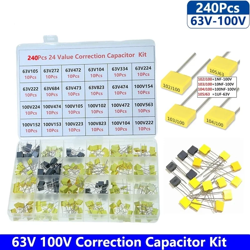 240-teiliges Korrekturkondensator-Set, sortiertes Kit, 24 Werte x 10 Stück 100 V, 102J-105J, Polypropylen-Sicherheits-Kunststofffolienkondensatoren-Set