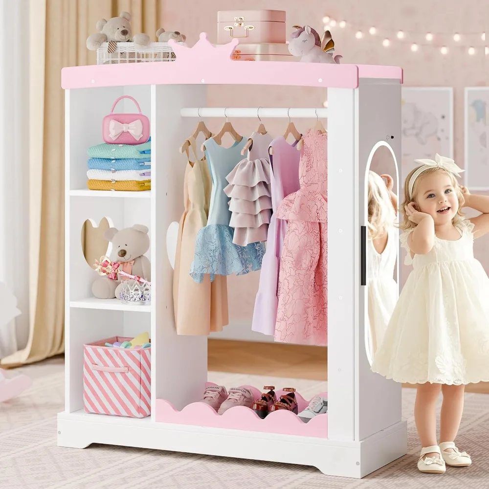 Kids Armoire with Jewelry Cabinet, Dress up Storage with Mirror and Shelves, Princess Dress Closet and Costumes Wardrobe Closet