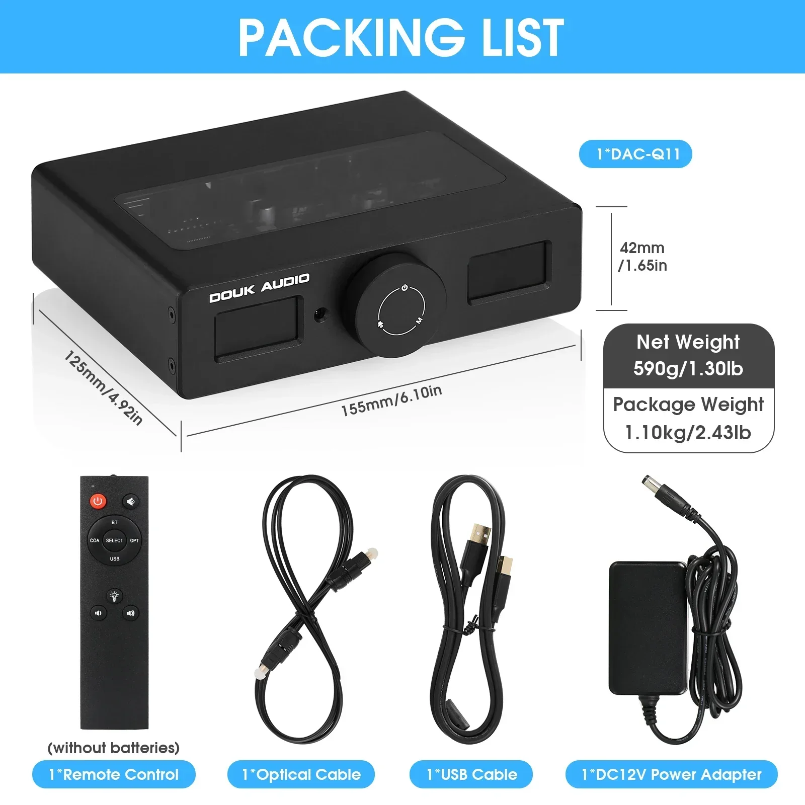Douk Audio HiFi ESS9038Q2M+AK4493 Adaptador de audio USB DAC COAX/OPT Convertidor digital a analógico DSD256 DAC-Q11