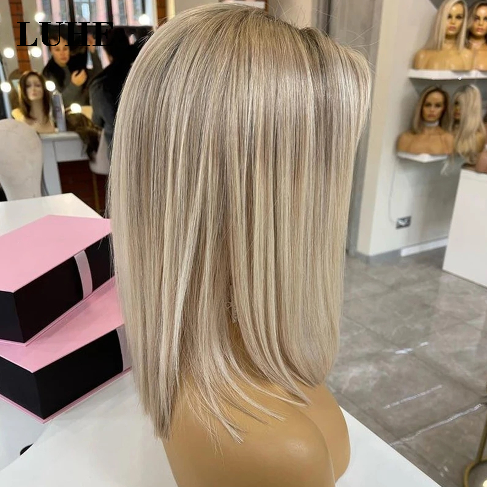 Resaltar Rubio ceniza de color 13x3 pelucas delanteras de encaje para mujeres 16 pulgadas raíces oscuras pelo sintético recto corto Bob peluca Frontal de encaje