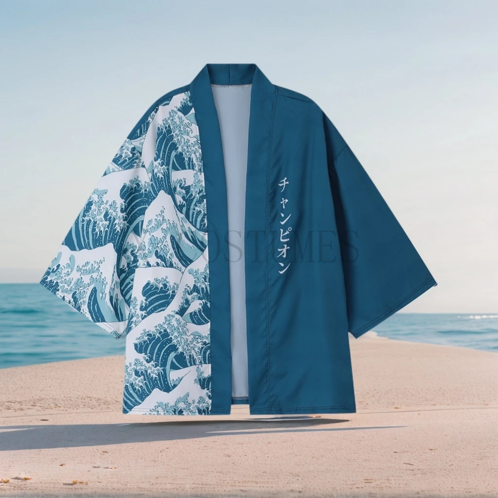 Męskie kardigany kimono Japońska fala morska ukiyoe Luźny krój Otwarta przednia koszula Kimono Mężczyźni Niebieska Casualowa letnia koszula Plażowa