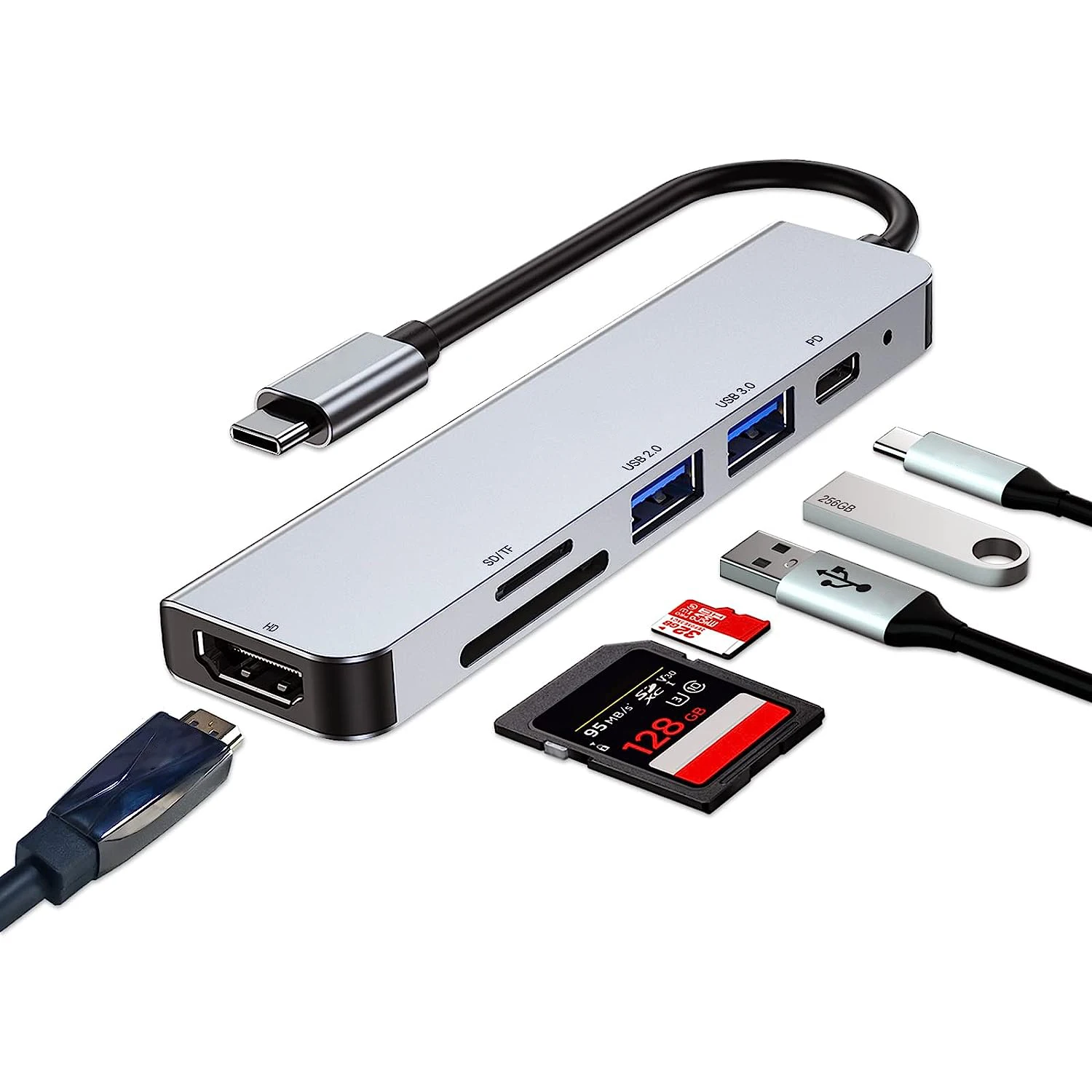 Adaptador multipuerto USB C 6 en 1 TUTi para portátiles con HDMI PD 100W Entrega de energía Lector de tarjetas SD/TF USB 3.0 y 2.0 puertos