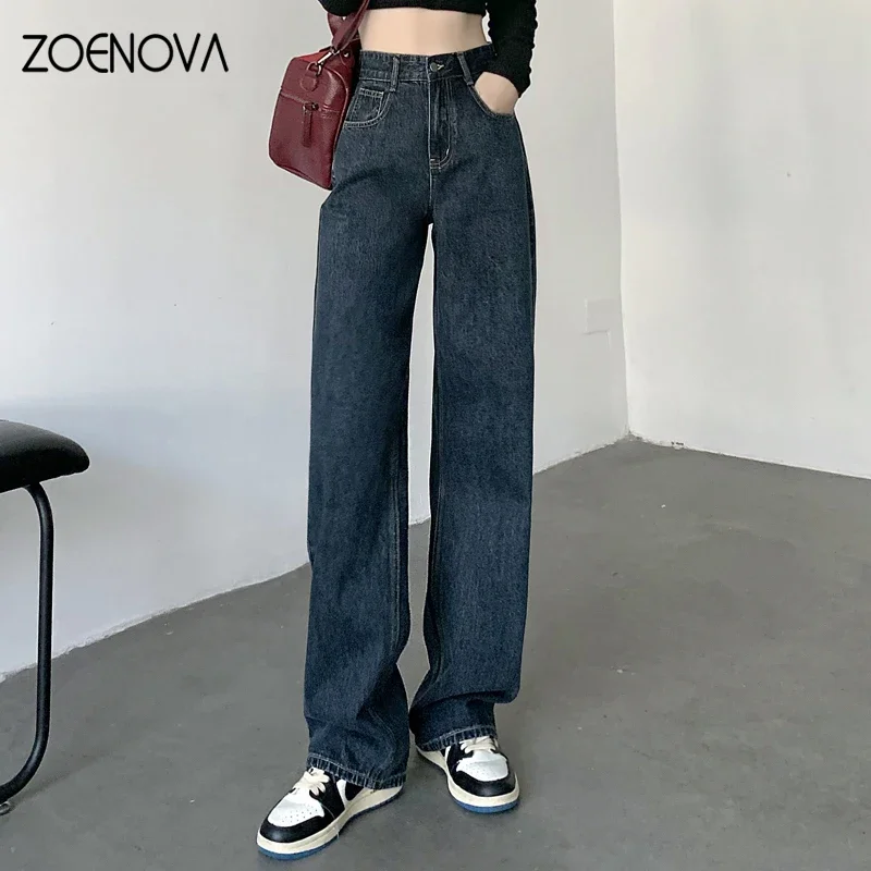 ZOENOVA ハイウエストジーンズ Y2K ファッション女性服ブルーブラックストレートレッグデニムパンツズボンママジャンだぶだぶのズボン背の高い