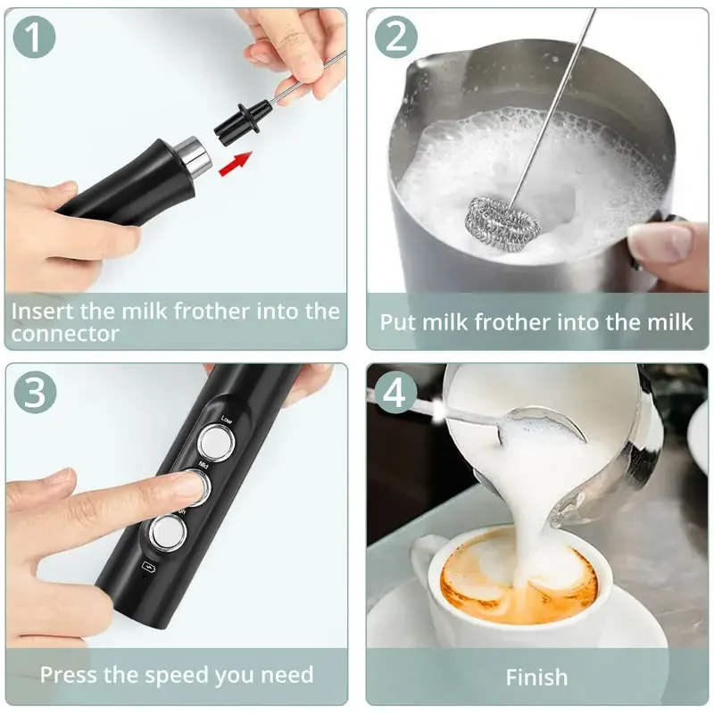 Montalatte elettrico ricaricabile senza fili-3 velocità, creatore di schiuma portatile per Latte, Cappuccino, cioccolata calda-ricarica USB