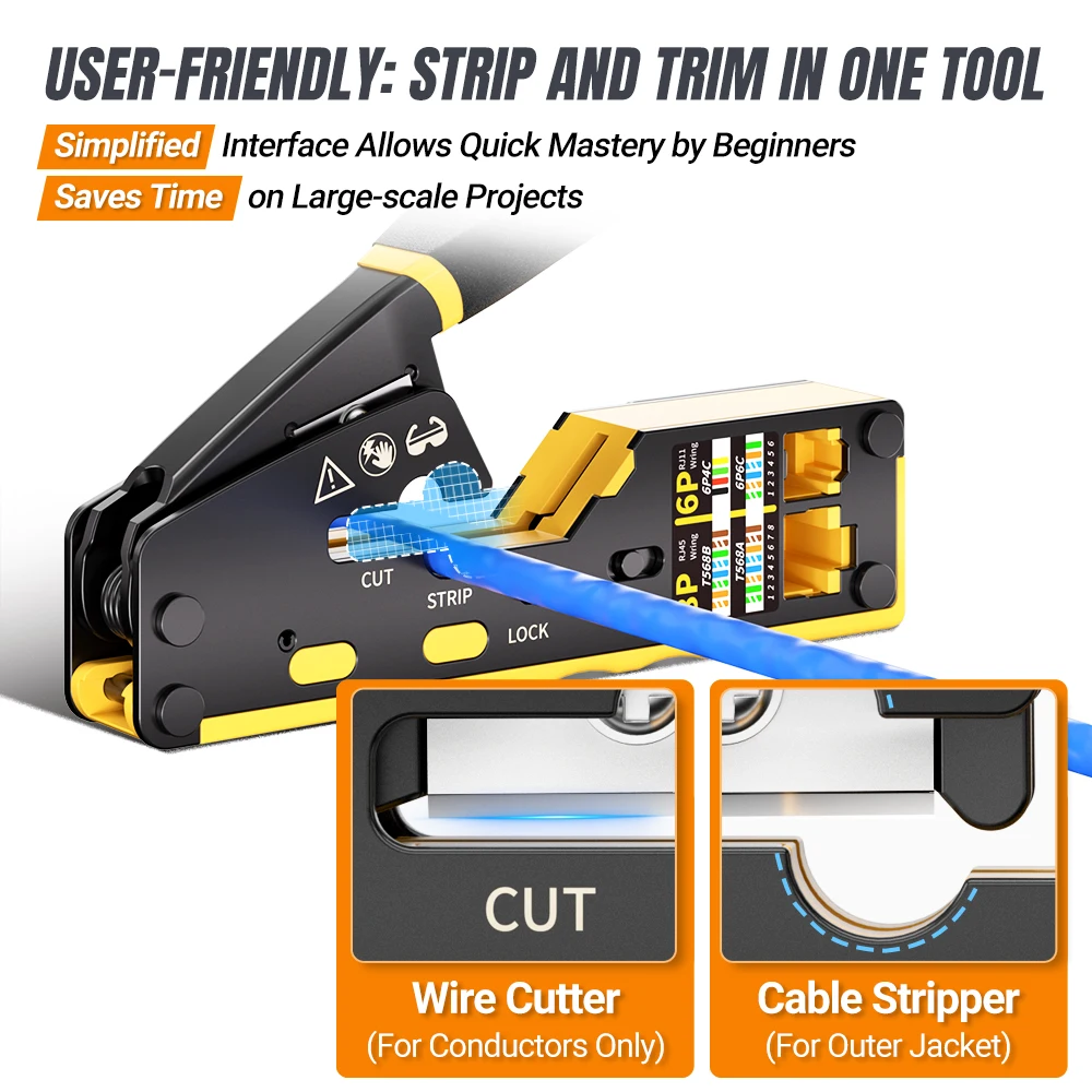 AMPCOM RJ45 ネットワーク クリンパ パススルー多機能イーサネット圧着ペンチ LANTEL 用圧着/カット/ストリップ (RJ11/CAT5E/6 UTP STP)