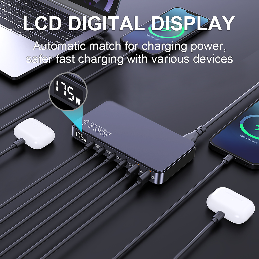 Ueetop 175 W GaN USB C Ladegerät LED-Anzeige 6-Port-Desktop-Ladegerät Typ C PD 100 W PPS 45 W Schnellladung für MacBook Samsung iPhone