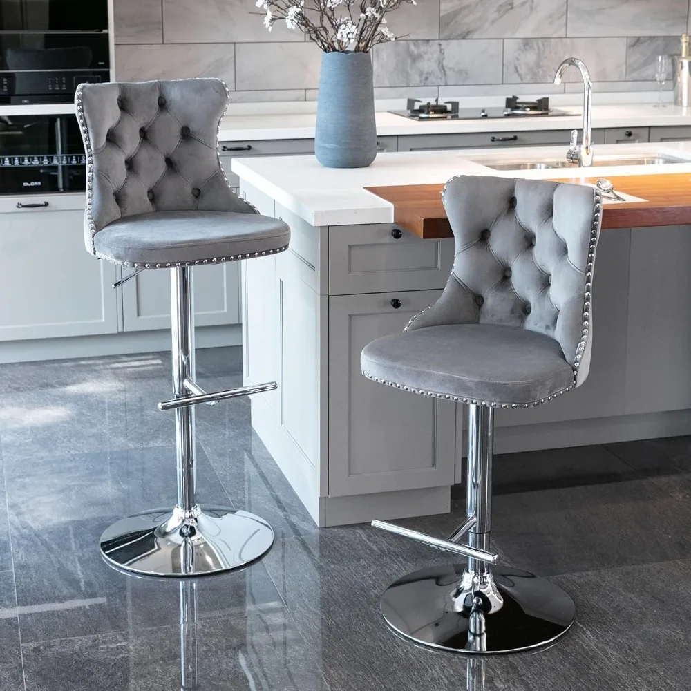 Set of 4 Gray Velvet Adjustable Swivel Bar Stools with Counter Height, Tufted Backrest, and Nailhead Trim for Kitchen Use
